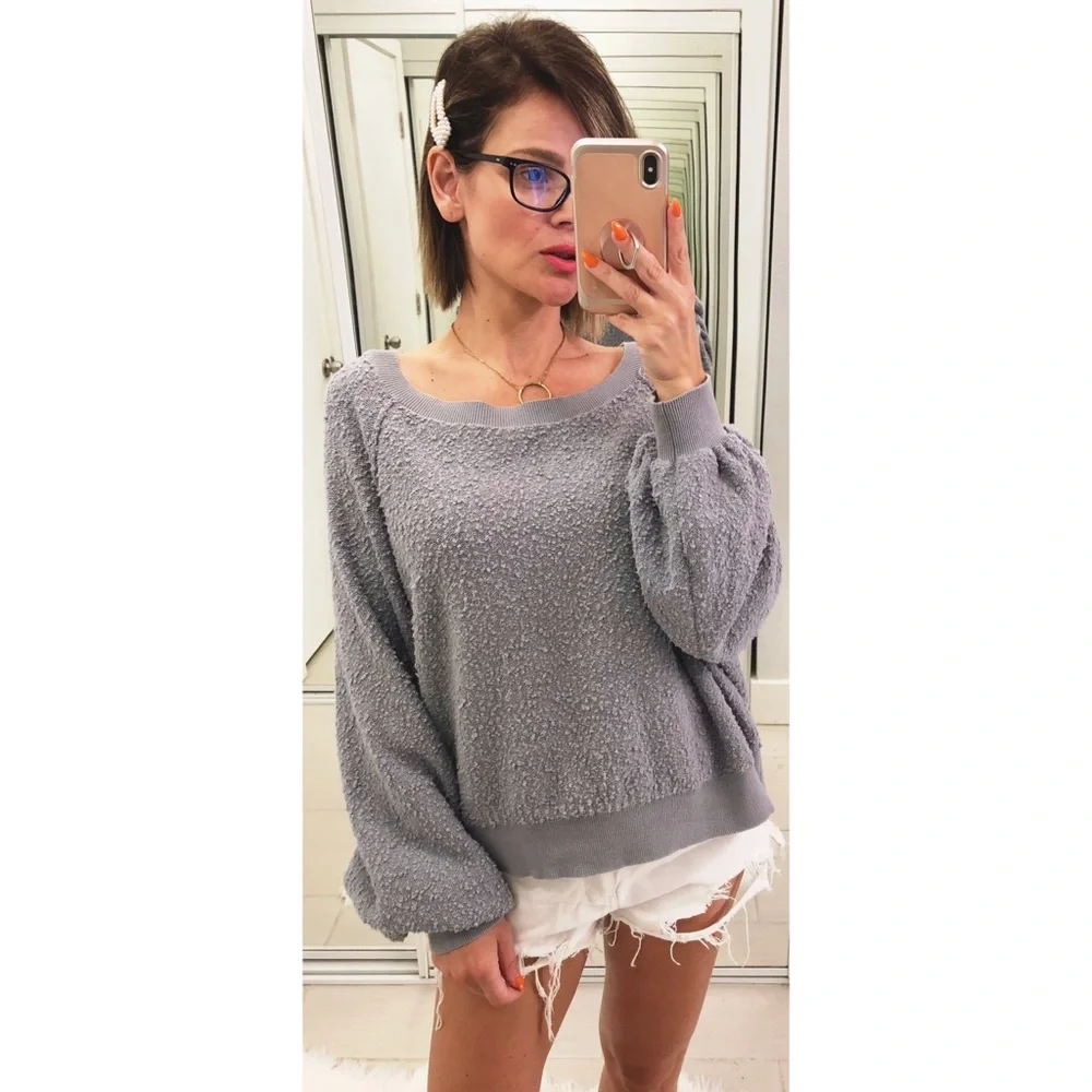 Free People Lavender Gray Textured Cozy Pullover Sweatshirt